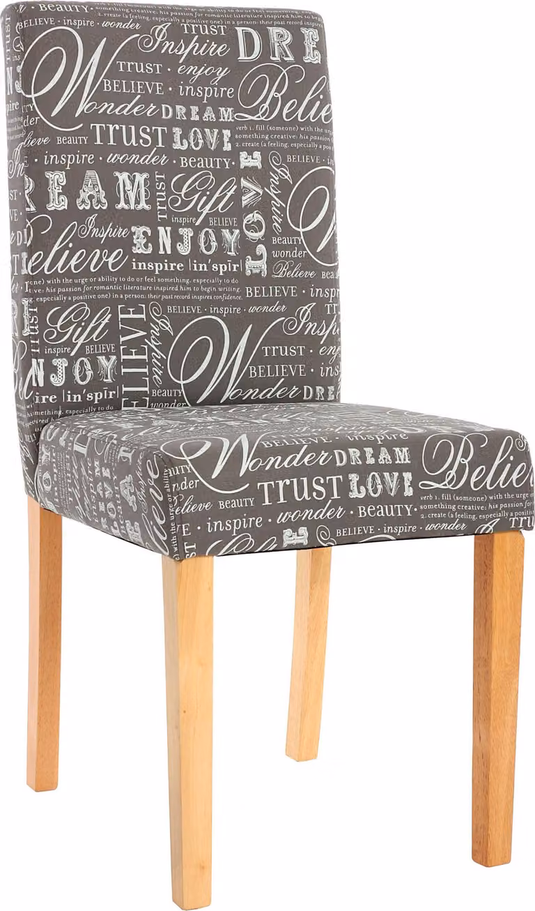 Set da 2 sedie da pranzo, sedie da cucina classiche e intramontabili | A x L x P 90 x 43 x 56 cm | Altezza della seduta 45 cm | Rivestimento in tessuto con scritta | Gambe chiare | Grigio