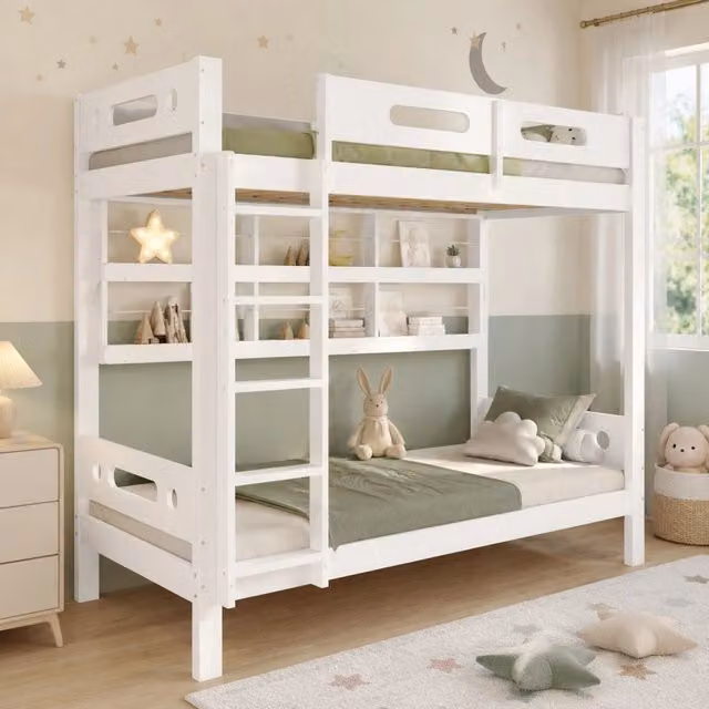 Letto a castello Mivray bianco con scaffali laterali e scala a 5 gradini L/P/H: 205 x 90 x 120 cm