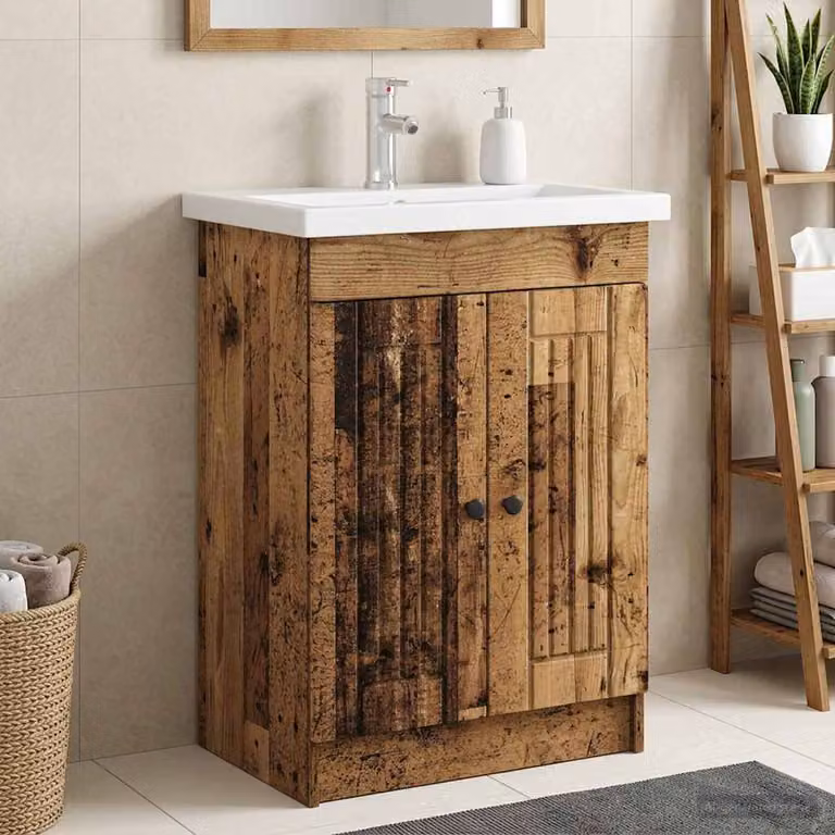 Mobiletto da bagno sotto il lavello vidaXL in legno antico e metallo, colore marrone e nero, L: 81,0 cm, P: 37,5 cm, H: 56,0 cm
