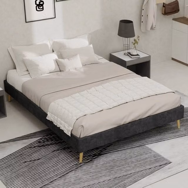 Letto Matrimoniale Minimal in Velluto Grigio L: 140 cm, P: 200 cm
