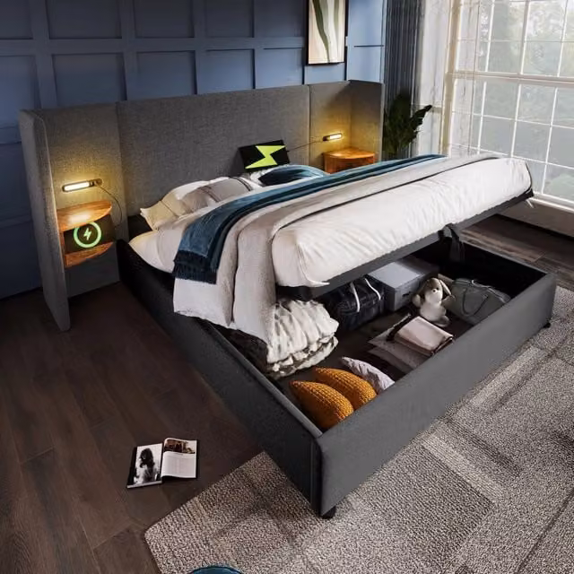 Letto Contenitore REDOM Grigio con USB, Lampada da Lettura e Ripiano Laterale L/P/H: 160 x 200 x 232 cm