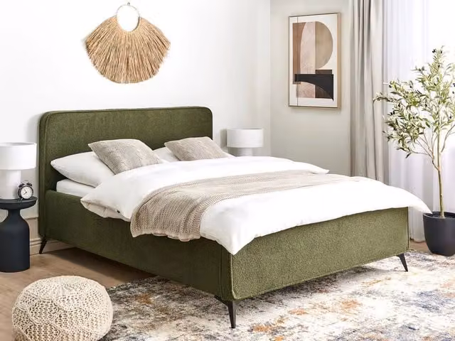Letto matrimoniale Beliani in tessuto bouclé verde con struttura a doghe in legno stile classico L/P/H: 160 x 200 x 110 cm – 1
