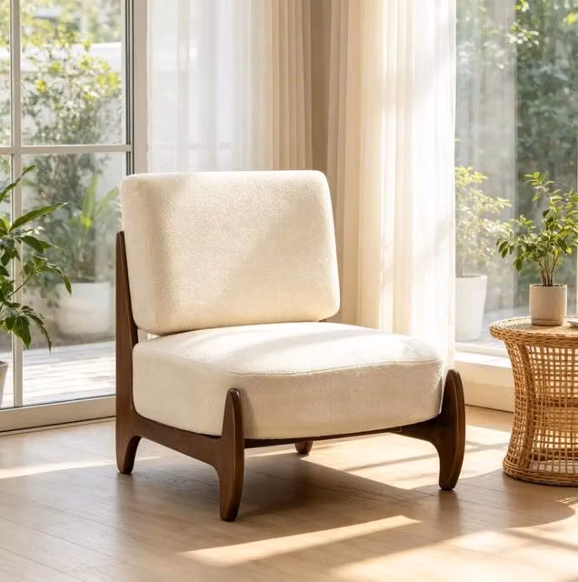 Poltrona da salotto con rivestimento in chenille crema, con cuscini imbottiti e struttura in legno di hevea