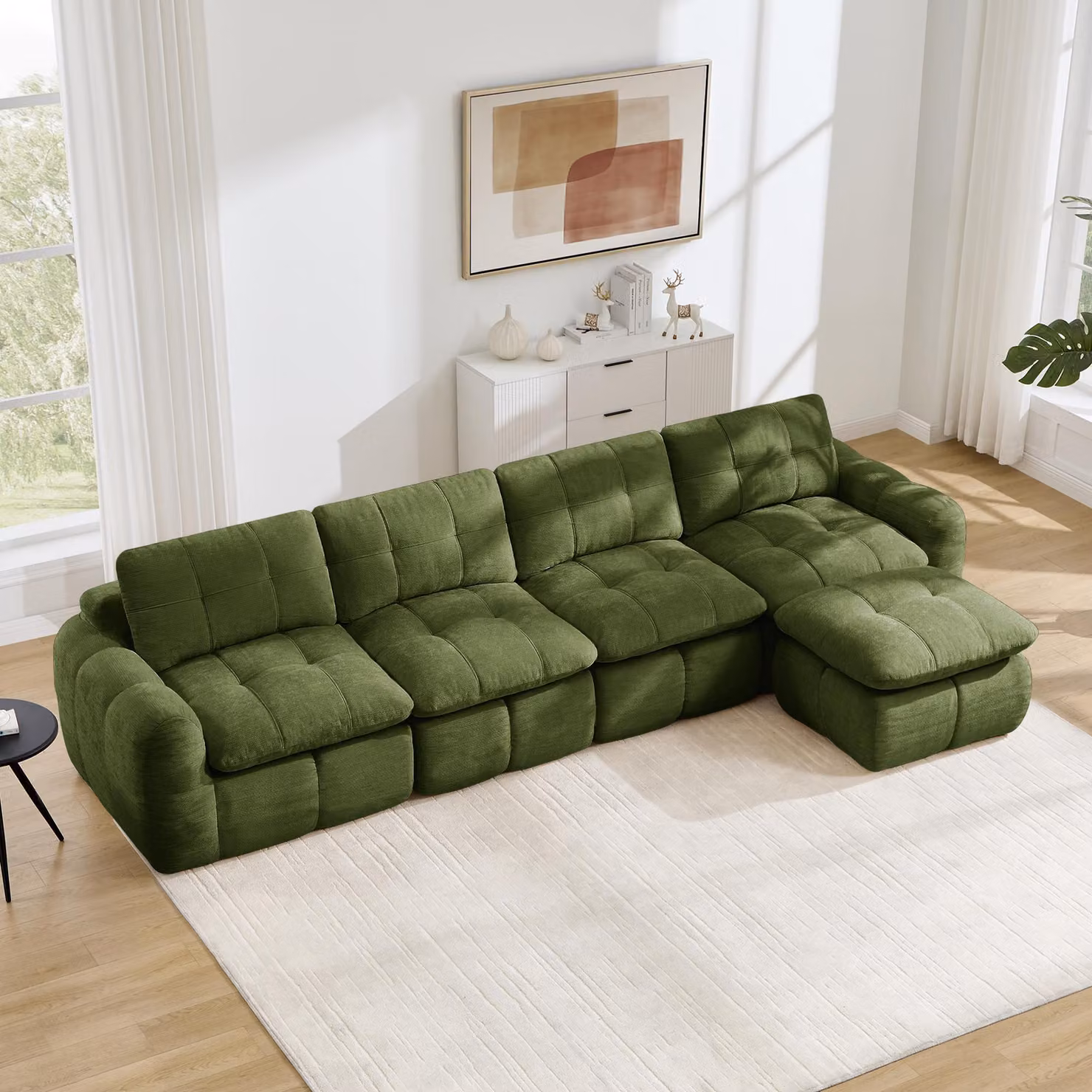 Divano modulare a forma di L, con 4 posti, rivestito in tessuto Karostepp e chenille, ampia seduta, poggiapiedi integrato, senza necessità di montaggio (verde)