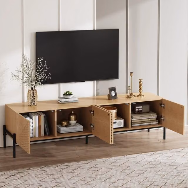 Mobile TV con 4 ante push to open e passacavi struttura in MDF naturale gambe in ferro nero 163;5 × 40 × 45 cm