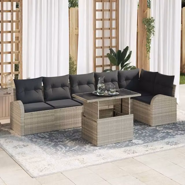 Set da giardino moderno vidaXL in polyrattan grigio composto da 7 pezzi con divano a due posti, elementi angolari, tavolino da caffè e cuscini inclusi