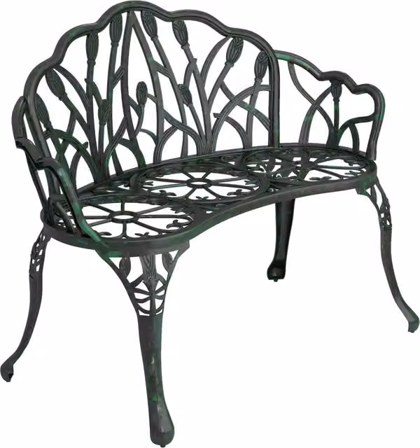 Panca da giardino a 2 posti XYLO in alluminio pressofuso con motivo floreale verde antico L: 99 cm, P: 57 cm, H: 78 cm – 1