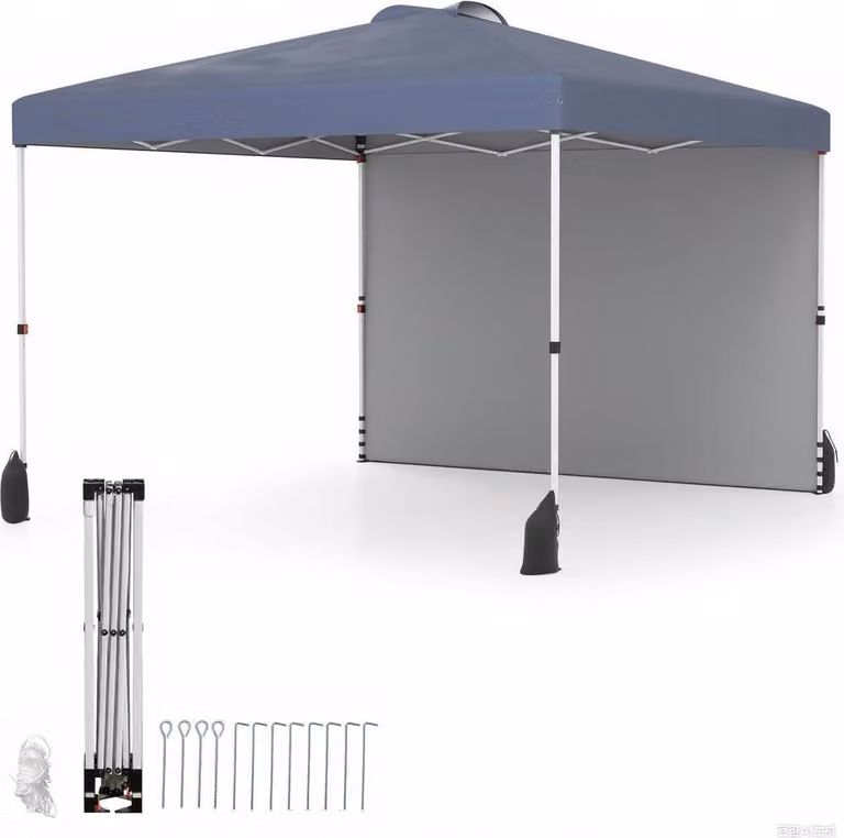 Gazebo pop-up COSTWAY 3x3m, gazebo da giardino portatile con parete laterale, paralume, borsa, 8 picchetti, 4 ancore, 4 corde per il vento e 4 sacchi di sabbia Grigio
