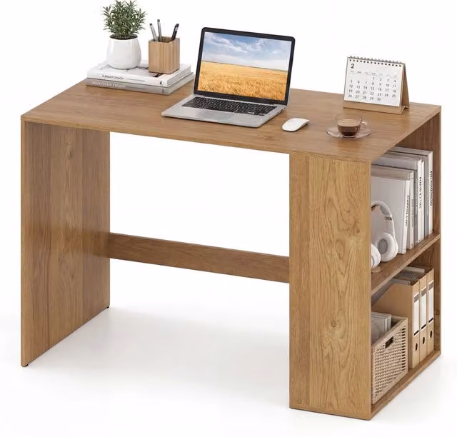 Scrivania ufficio con libreria laterale a 2 ripiani in legno marrone, scrivania per computer salvaspazio per studio e soggiorno, L: 112 cm, P: 60 cm, H: 75 cm