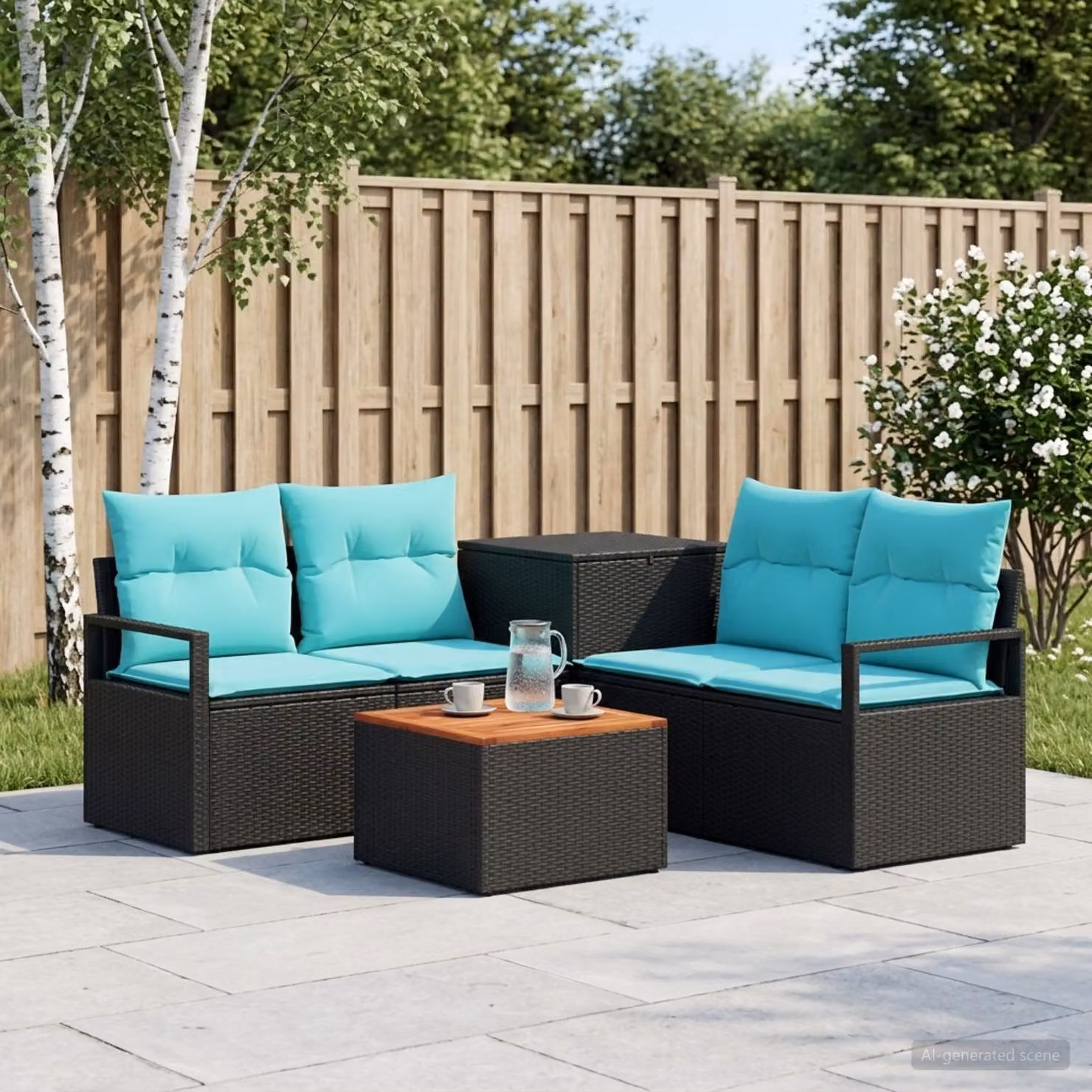 Set di divani da giardino vidaXL in polyrattan e metallo, composizione a L con 6 pezzi, colore nero e blu con cuscini inclusi