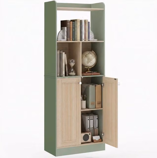 Libreria Xylo con 5 ripiani e 2 ante in legno naturale e verde L 60 cm, P 30 cm, H 161 cm