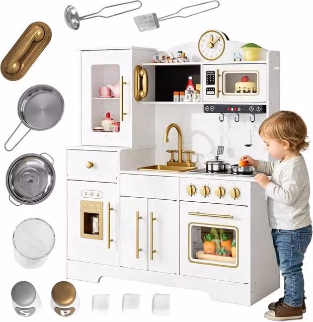 Cucina Giocattolo Per Bambini; Cucina Di Gioco Con Suoni; Fornelli; Rubinetto; Lavello; Microonde; Orologio; Macchina Per Il Ghiaccio e Accessori Da Cucina; Cucina Di Gioco in Legno Per Bambini Dai 3