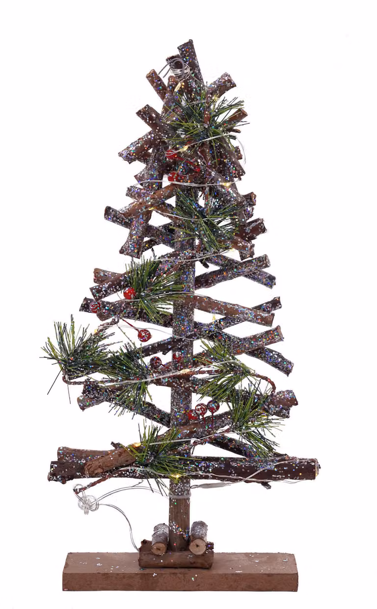 3.07 Albero di Natale in legno LED 37 cm - con ramoscelli e brillantini