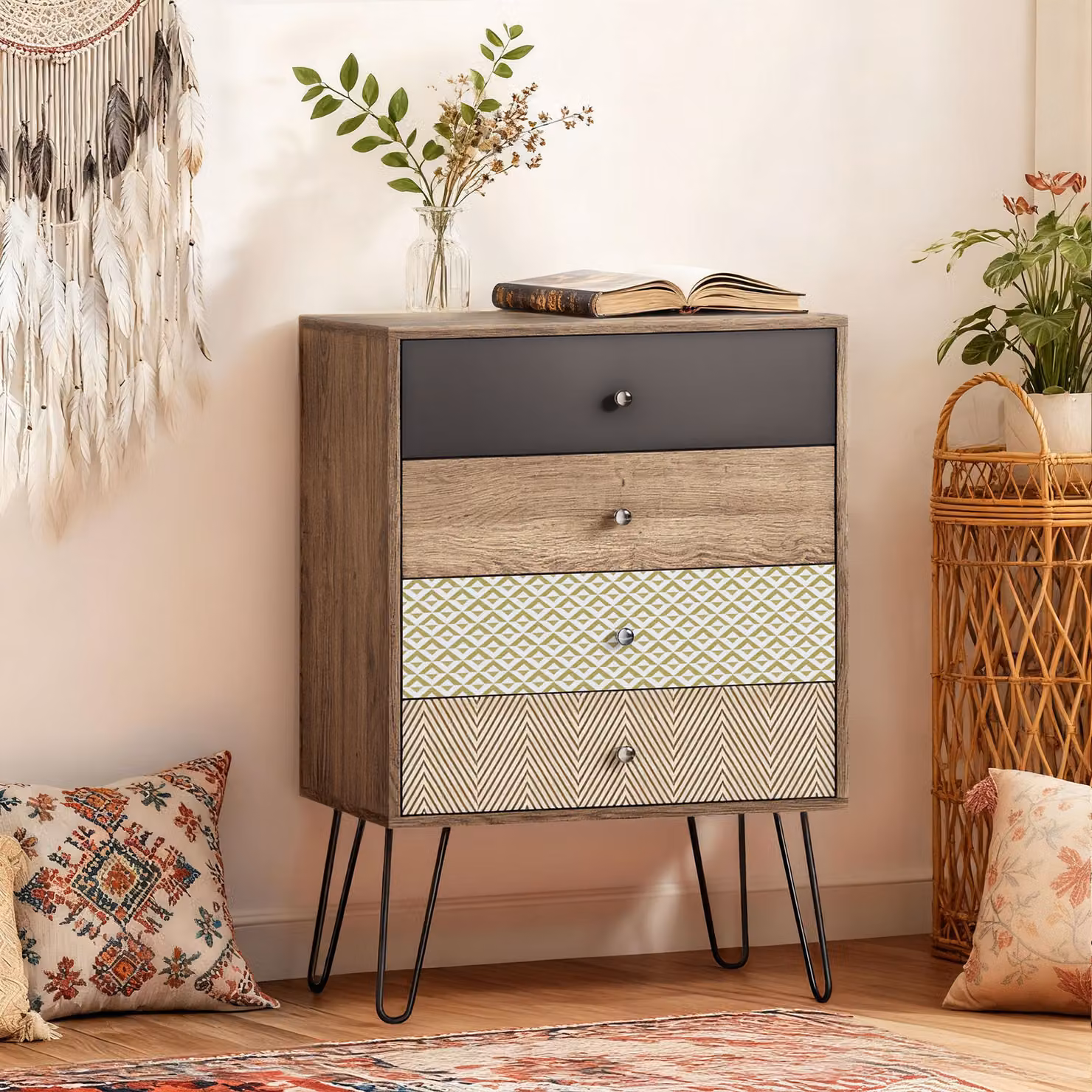 Cassettiera HOMCOM con 4 cassetti in stile boho e gambe a forcella in acciaio, Multicolore, L: 60 cm, P: 39 cm, H: 86 cm – 2