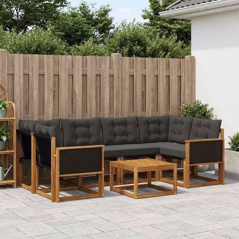 vidaXL Set di divani da esterno 7 pz in legno di acacia con tavolo da caffè, colore marrone e nero