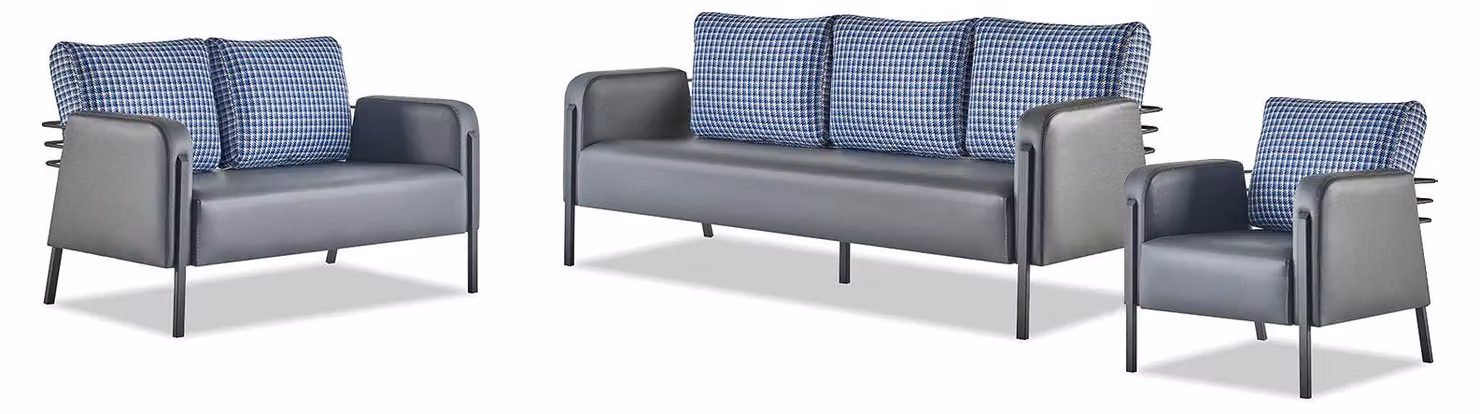 Moderner Sofa-Set 3-Sitzer 2-Sitzer Sessel Blau Grau Leder Edelstahl