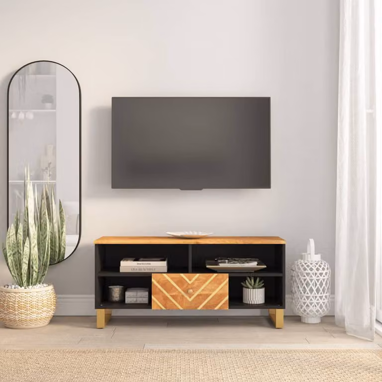 vidaXL Mobile Porta TV Moderno in Legno di Mango e Metallo, Marrone e Nero, L 100 cm x P 33,5 cm x H 46 cm