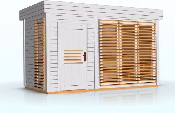 AZALEA Cabina sauna esterna a 8 posti 438x203,8 x H.259 cm MDLT Farbe: Weiß,