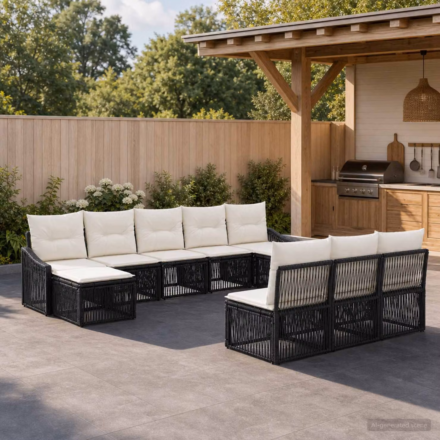 Set Divano da Giardino vidaXL 10 Pezzi a Forma di U con Cuscini, Colore Nero, Struttura in Metallo e Polyrattan