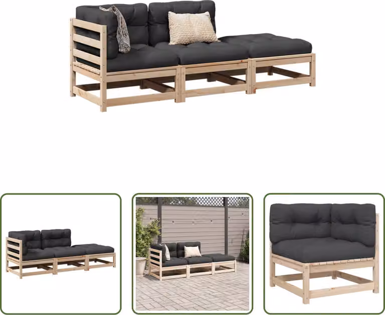 The Living Store Set di divani da giardino a 3 pezzi con cuscini in legno di pino massiccio