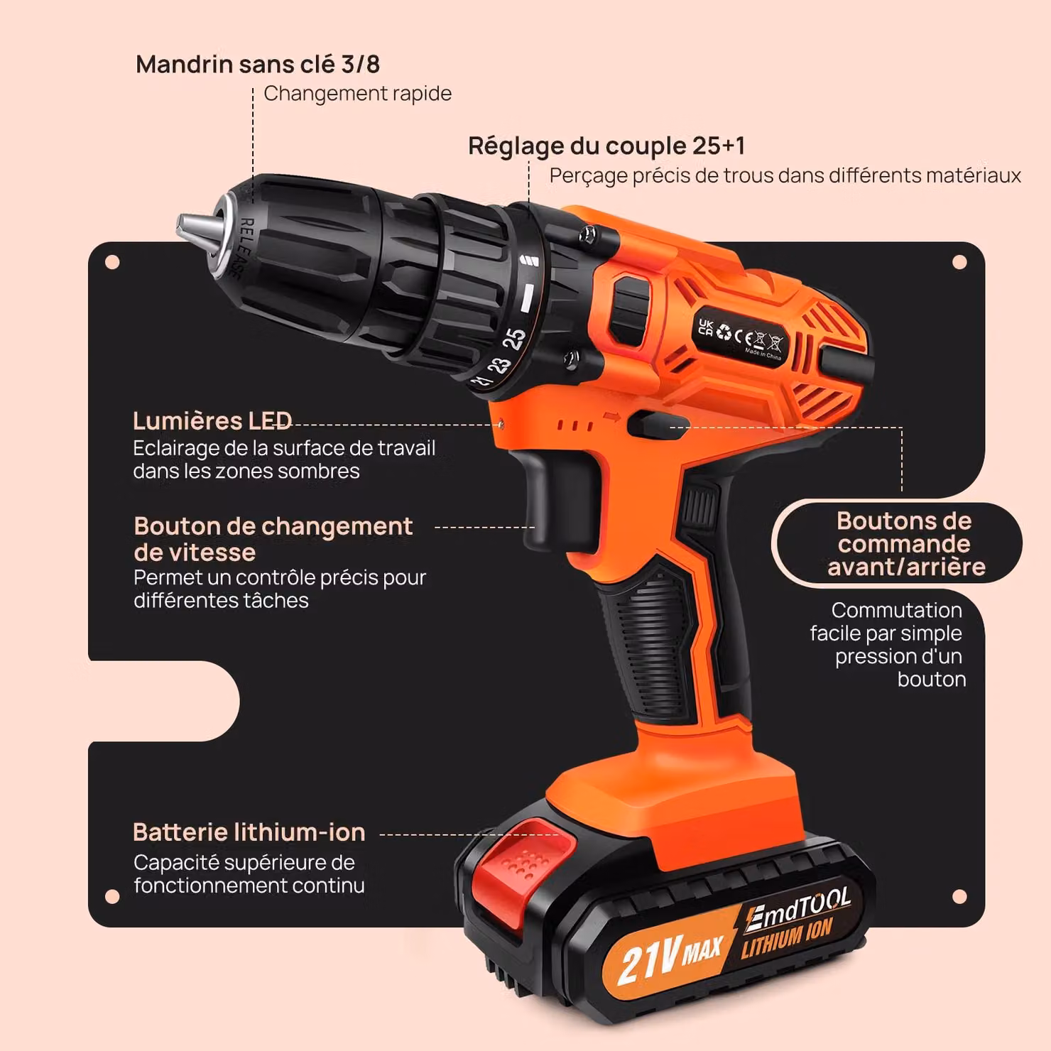 Set di trapano avvitatore a batteria - Trapano senza fili - 21 V - 2 batterie agli ioni di litio da 1,5 Ah - Coppia di serraggio: 45 Nm - 25+1 livelli di coppia - 2 velocità - Colore: arancione