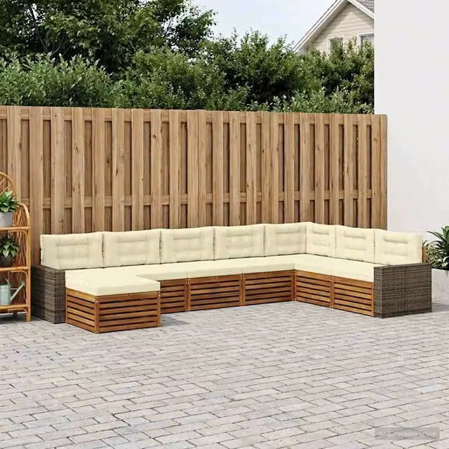 Set di divani da esterno a L con ottoman vidaXL in legno di acacia, 8 pezzi, beige e bianco