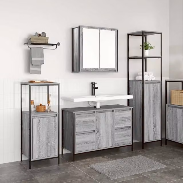 Set di mobili per il bagno 3 pz Grigio Sonoma e Nero 3328382