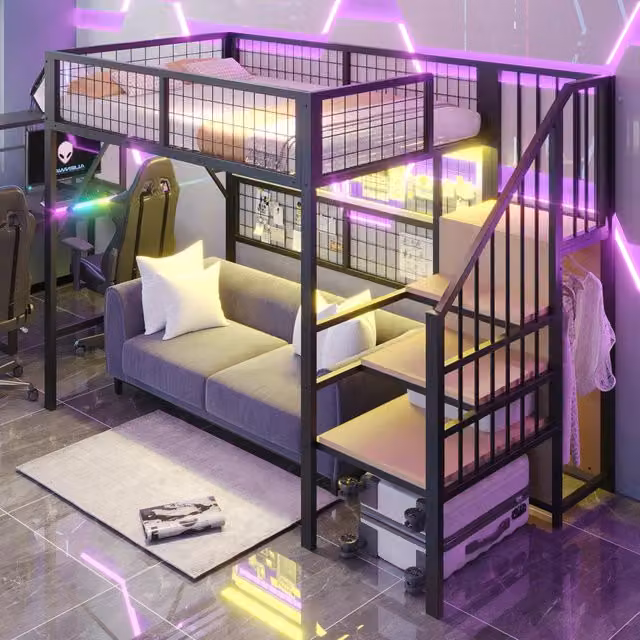 Letto a soppalco MIVRAY in metallo nero con scala contenitore, armadio aperto e illuminazione LED controllabile tramite app, L/P/H: 90 x 200 x 255 cm