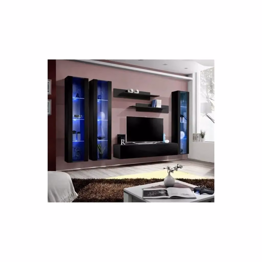 Composizione murale FLY C2 Meublorama Nero lucido con mobile TV sospeso, colonne vetrate LED e mensole per soggiorno moderno – 2