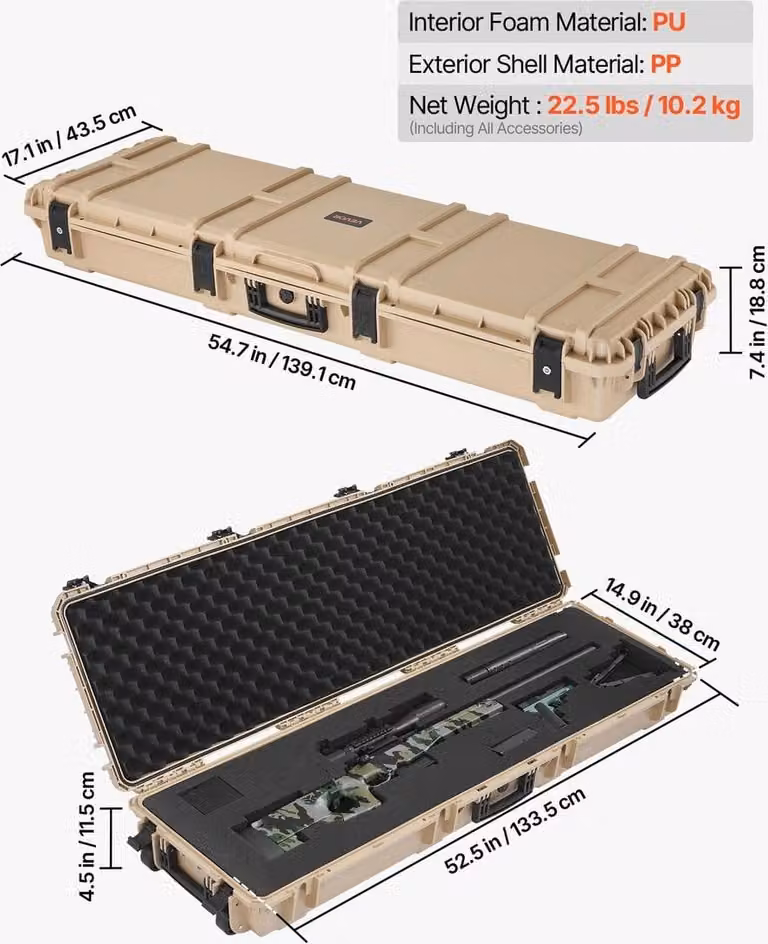 Custodia rigida per fucili, custodia con chiusura a chiave e imbottitura pretagliata, contenitore per armi da 1320 mm con ruote, custodia resistente IP67 impermeabile e antipolvere per fucili, fucili da caccia, pistole softair, color cachi