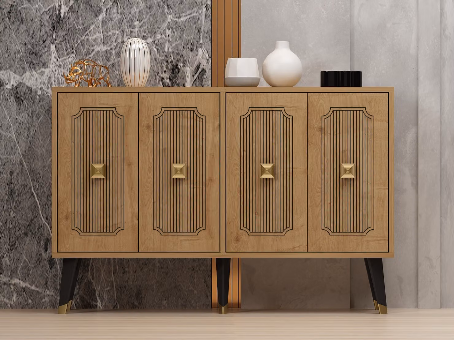 Skye Decor, Desarı - Sapphire Oak, Oro, Consolle, Rovere zaffiro, PANNELLI DI AGGREGATO DI LEGNO RIVESTITI AL 100% IN MELAMMINA, 120 x 30 x 80 cm