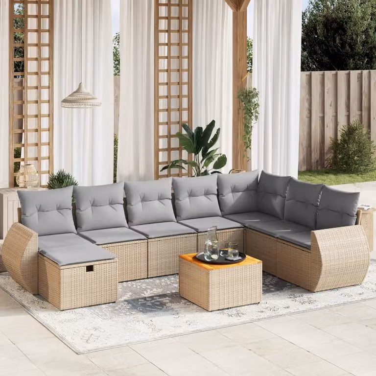 vidaXL Set Divano da Giardino a L 9 pz con Cuscini Beige e Grigio in Polyrattan e Acciaio