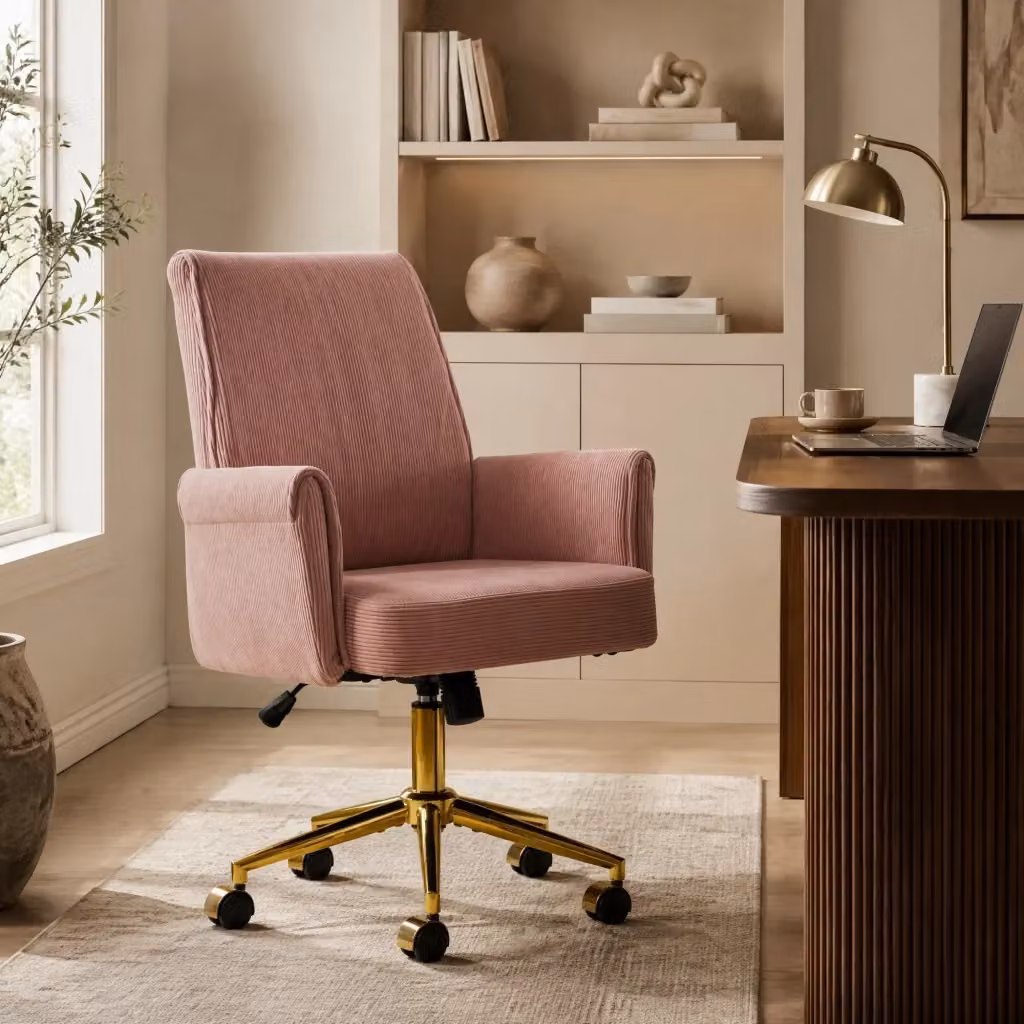 Sedia da ufficio girevole REDOM in velluto a coste rosa con dettagli oro, L: 61,5 cm, P: 29,5 cm, H: 49,5 cm – 2