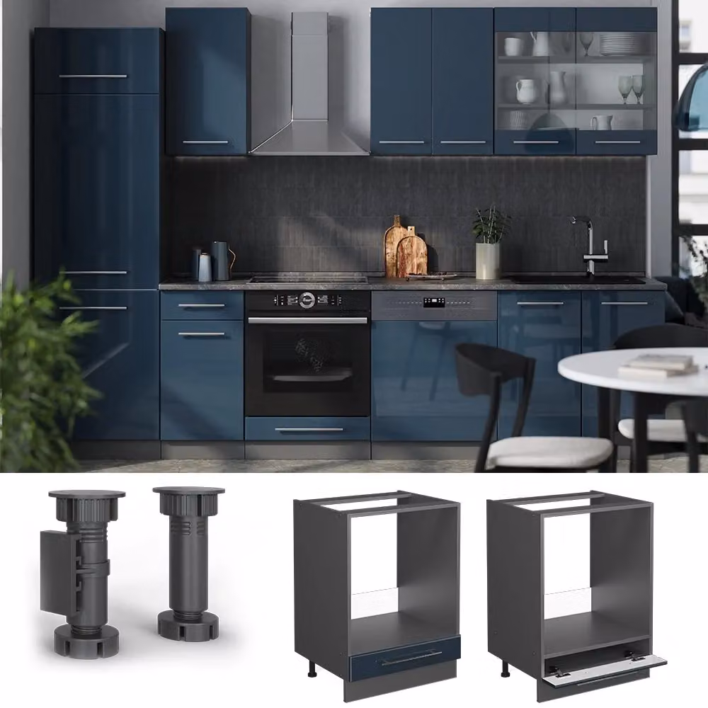Mobile per forno da incasso Vicco Fame-Line Blu scuro lucido/Antracite L: 60 cm, P: 60 cm, H: 82 cm con piano in marmo – 2