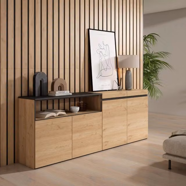 Credenza, Mobile, 200x35x75cm, 4 Porte, grande stoccaggio, colore Rovere e nero RF2308