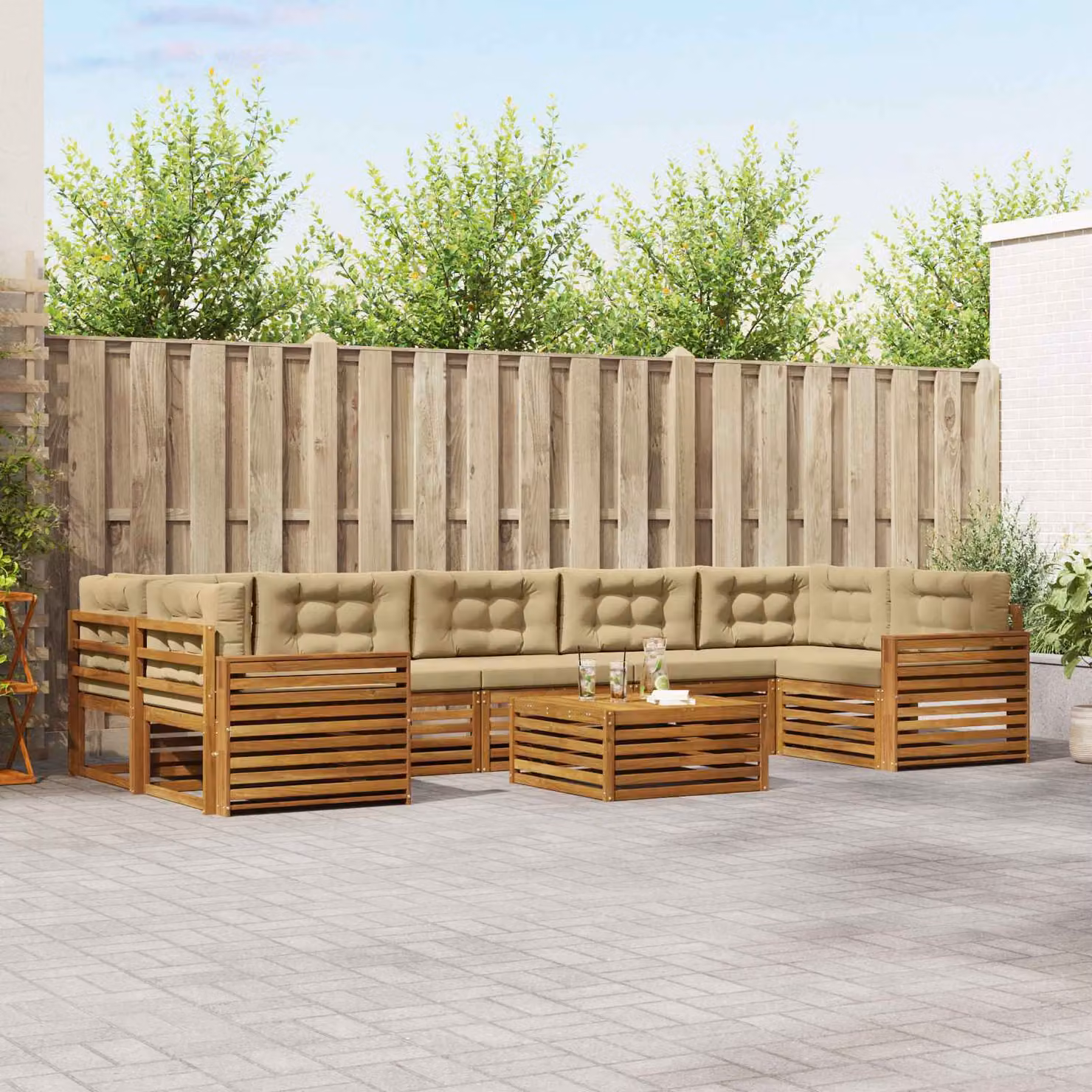 Set di divani da esterno vidaXL a forma di U in legno di acacia con tavolino da caffè e cuscini, colore beige e marrone