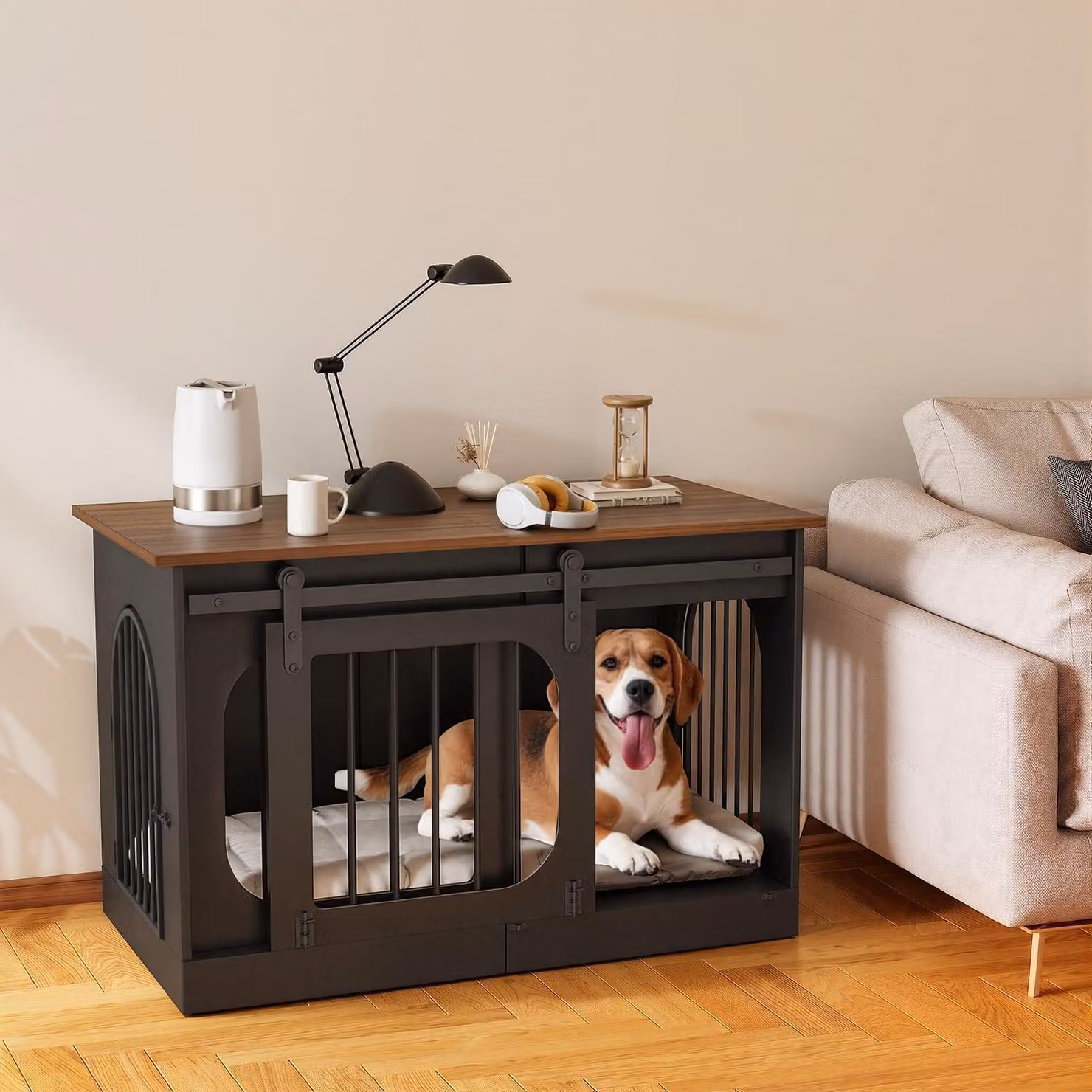 Trasportino per cani da interno, 100 cm, con porte scorrevoli e cuccia, colore nero/marrone
