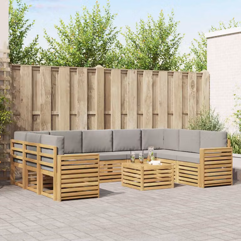 vidaXL Set di divani da esterno a L composto da 10 pezzi in legno di acacia con cuscini, Bianco e Grigio Chiaro