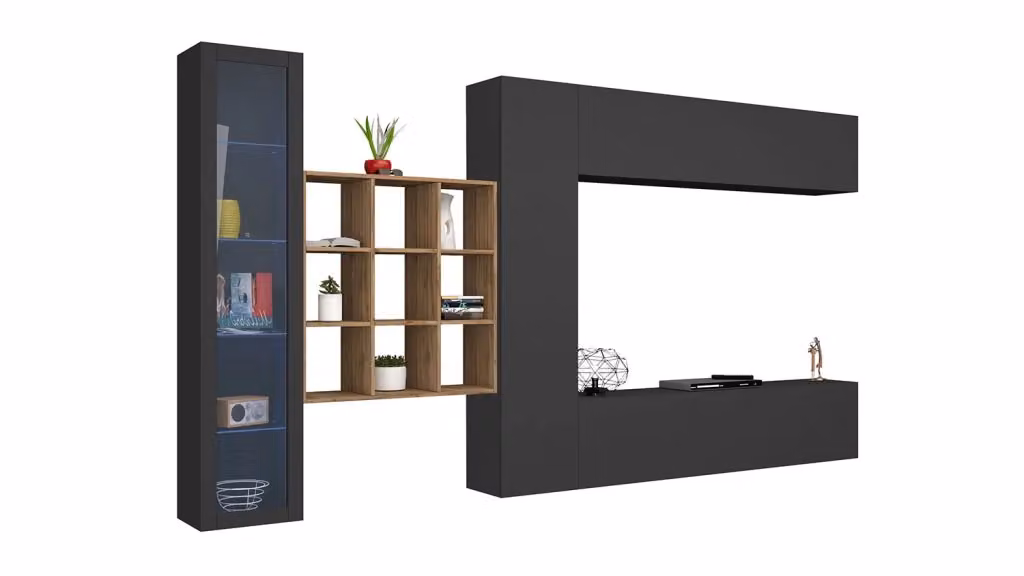 Parete Attrezzata Soggiorno Maruska n°23 GIORDANOSHOP Grigio Antracite Opaco e Rovere Wotan L: 350 cm, P: 30 cm, H: 180 cm – 2