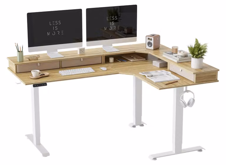 Scrivania a L, regolabile elettricamente - 3 motori - 140x160 cm - Materiale composito in legno