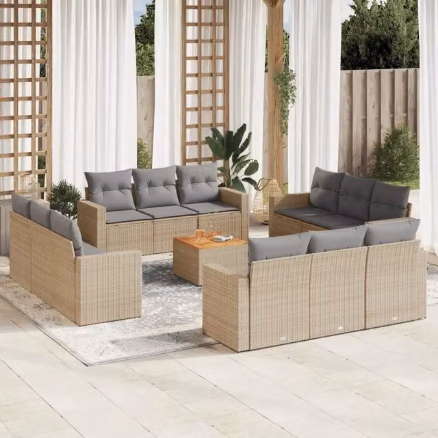 Set Divano da Giardino vidaXL 13 Pezzi in Polyrattan con Cuscini Beige e Grigio e Tavolino da Esterno – 1
