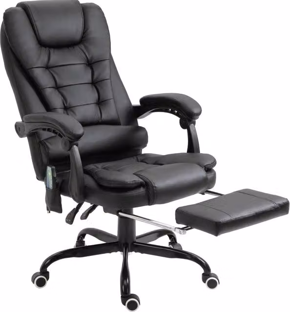 Poltrona da ufficio executive con massaggio, schienale reclinabile e poggiapiedi, colore nero, in ecopelle con base girevole a 360 gradi, H: 121 cm, L: 79 cm, P: 67 cm – 1