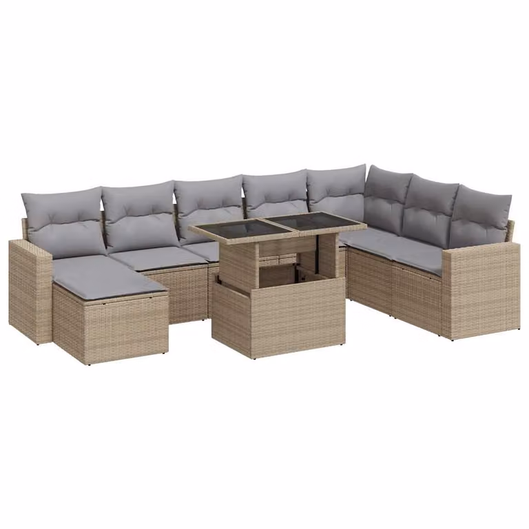 Set Divano da Giardino 9 pz con Cuscini Beige in Polyrattan