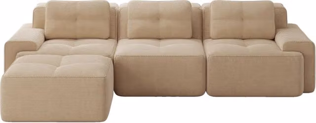 Divano modulare a L Cloud 3 posti in velluto beige con pouf, senza montaggio