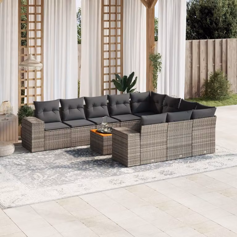 Set di Divani da Giardino vidaXL 11 pz in Polyrattan Grigio con Cuscini e Tavolino
