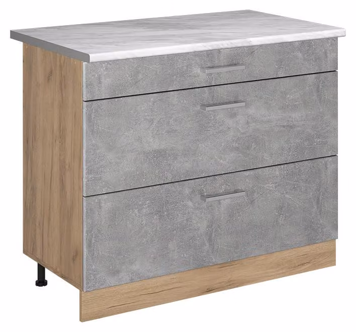 Mobiletto base per cucina Vicco R-Line Calcestruzzo/Rovere dorato 100 cm piano di lavoro Marmo, Model 71616