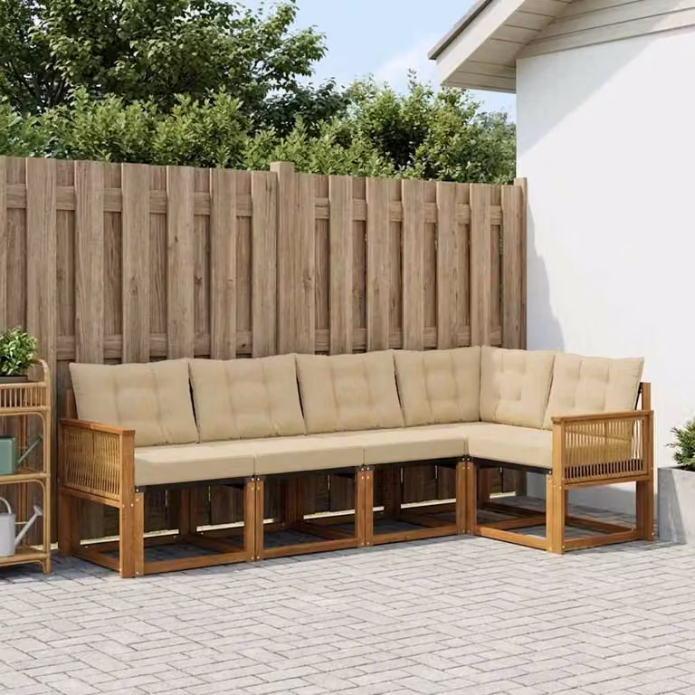 Set di divani da esterno vidaXL a forma di L in legno di acacia con cuscini beige e marrone