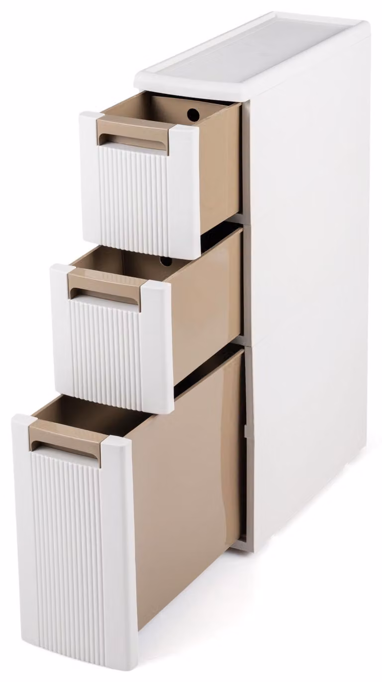 Mobiletto stretto con ruote, ideale per piccoli spazi, con ripiano e 3 cassetti, dotato di divisorio removibile e maniglie, perfetto per il bagno o l'ufficio domestico