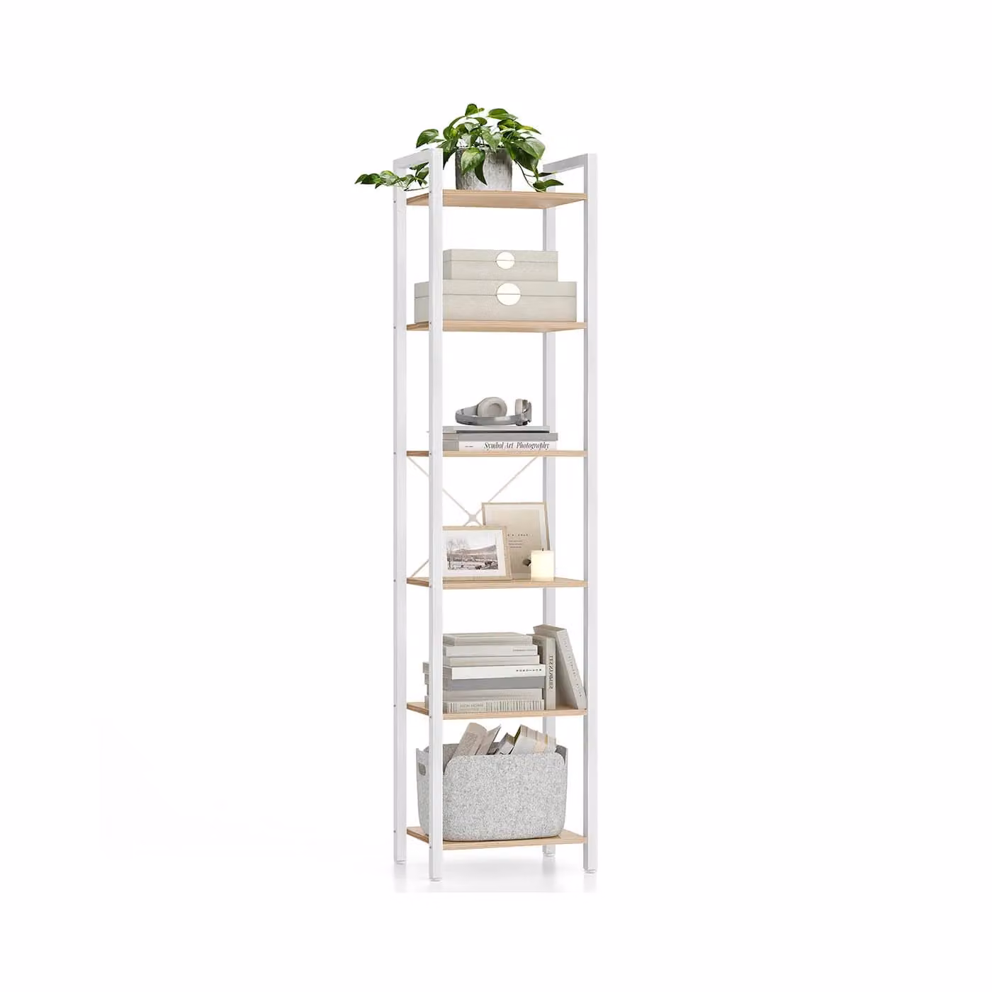 Scaffale Libreria per Ufficio Studio Soggiorno Camera da Letto Stile Industriale, Beige Naturale + Bianco Opaco