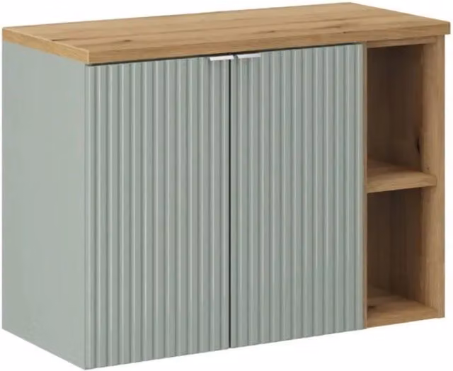 Insieme ELVINA 80cm : mobile sotto lavabo con armadietti verdi e nicchie a vista + piano per lavabo in aspetto legno scuro